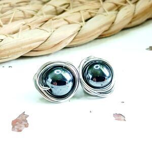 Hematite Crystal Stud Earrings, Gemstone Jewelry, 8mm